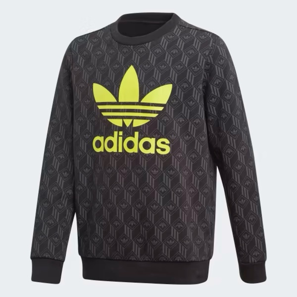 Adidas | Crewneck Sweatshirt in Black with Neon Yellow Classic Trefoil Logo